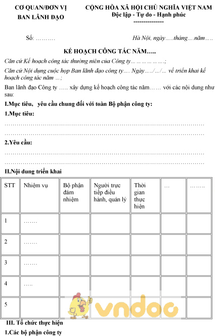 Mẫu kế hoạch công tác