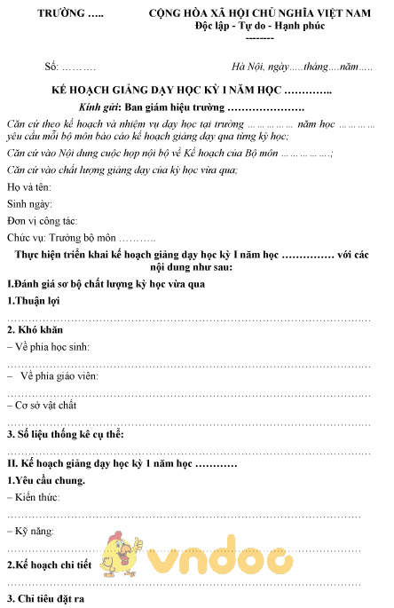 Mẫu kế hoạch giảng dạy học kỳ I