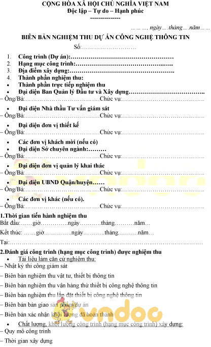 Mẫu biên bản nghiệm thu dự án công nghệ thông tin