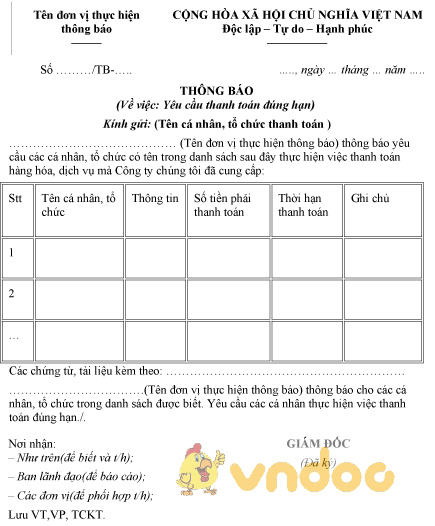 Mẫu thông báo yêu cầu thanh toán đúng hạn