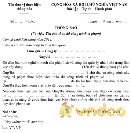 Mẫu thông báo yêu cầu tháo dỡ công trình vi phạm