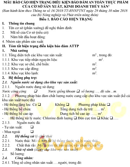 Mẫu bản báo cáo hiện trạng điều kiện bảo đảm an toàn thực phẩm