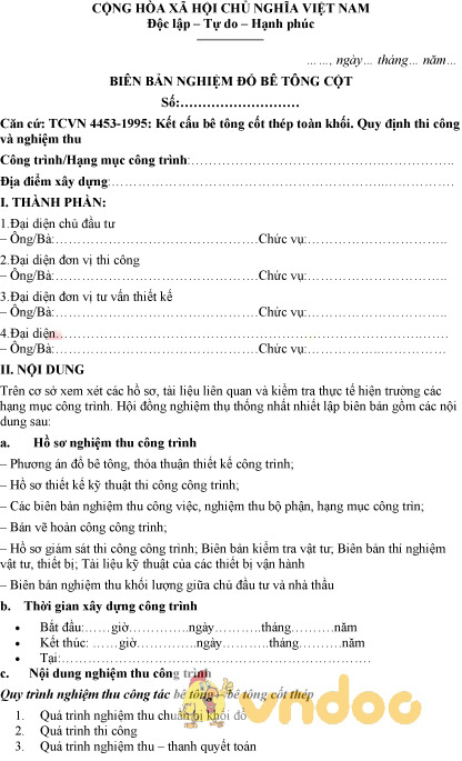 Mẫu biên bản nghiệm thu đổ bê tông cột