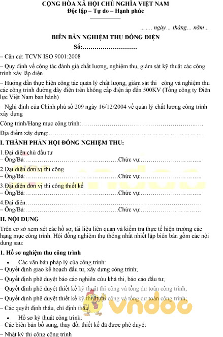Mẫu biên bản nghiệm thu đóng điện