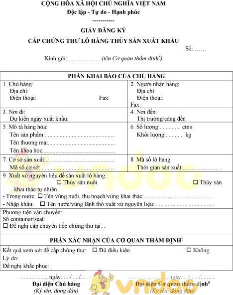 Mẫu giấy đăng ký cấp chứng thư lô hàng thủy sản xuất khẩu