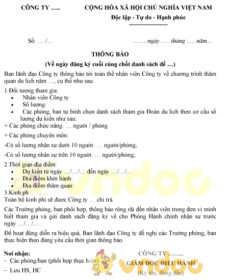 Mẫu thông báo về ngày đăng ký cuối cùng