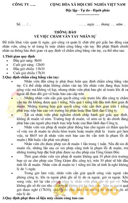 Mẫu thông báo về việc chấm vân tay nhân sự