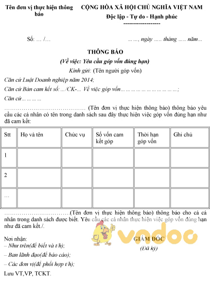 Mẫu thông báo yêu cầu góp vốn đúng hạn