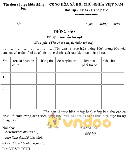 Mẫu thông báo yêu cầu trả nợ