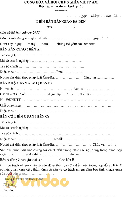 Mẫu biên bản bàn giao ba bên