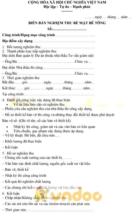 Mẫu biên bản nghiệm thu bề mặt bê tông