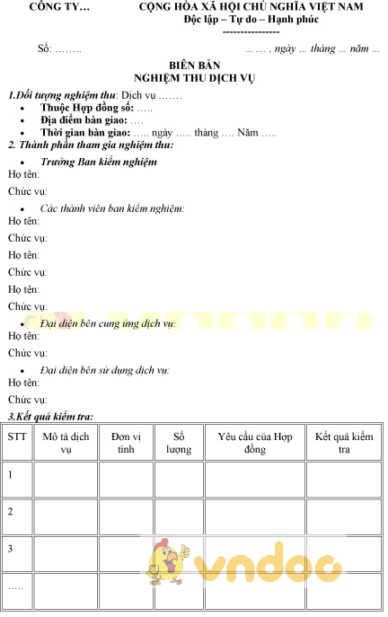Mẫu biên bản nghiệm thu dịch vụ