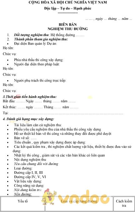 Mẫu biên bản nghiệm thu đường