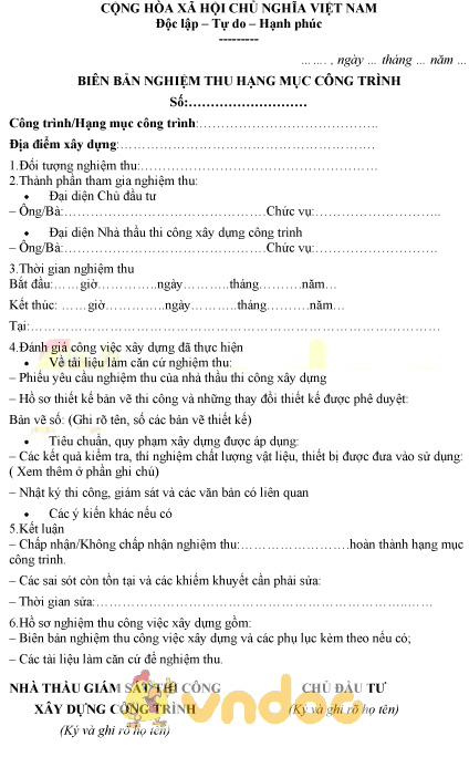 Mẫu biên bản nghiệm thu hoàn thành hạng mục công trình