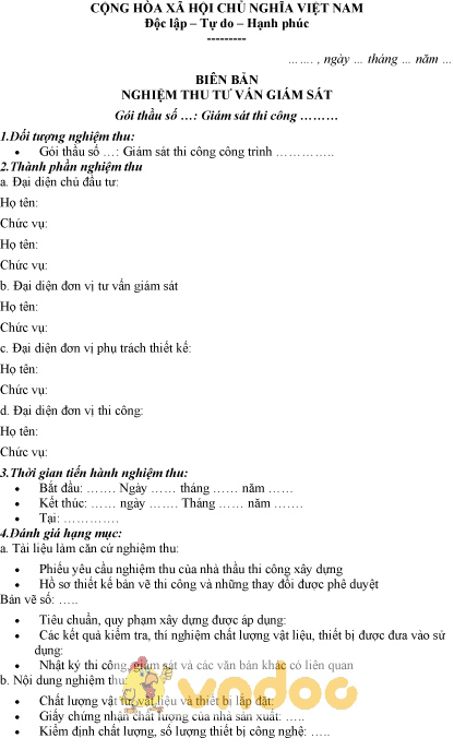 Mẫu biên bản nghiệm thu tư vấn giám sát