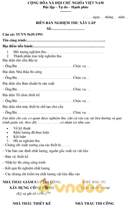 Mẫu biên bản nghiệm thu xây lắp