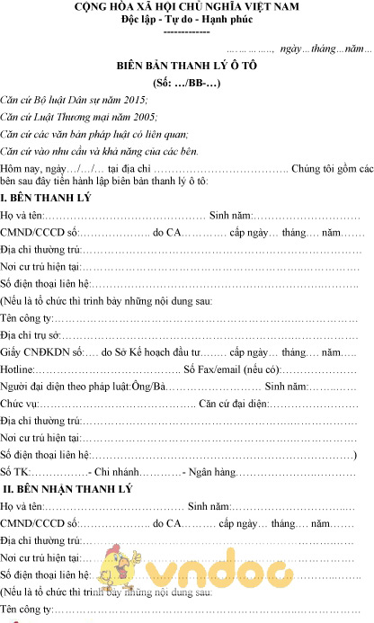 Mẫu biên bản thanh lý ô tô