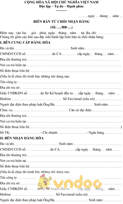 Mẫu biên bản từ chối nhận hàng