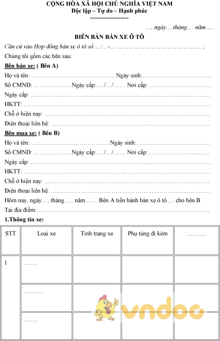 Mẫu biên bản bán xe ô tô