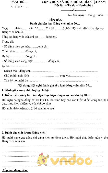 Mẫu biên bản đánh giá, xếp loại Đảng viên