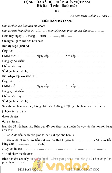 Mẫu biên bản đặt cọc