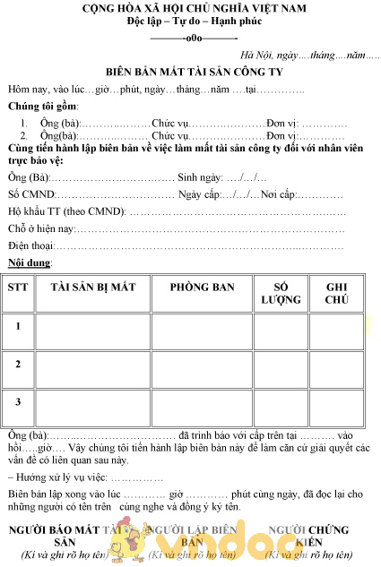 Mẫu biên bản mất tài sản công ty