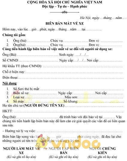 Mẫu biên bản mất vé xe