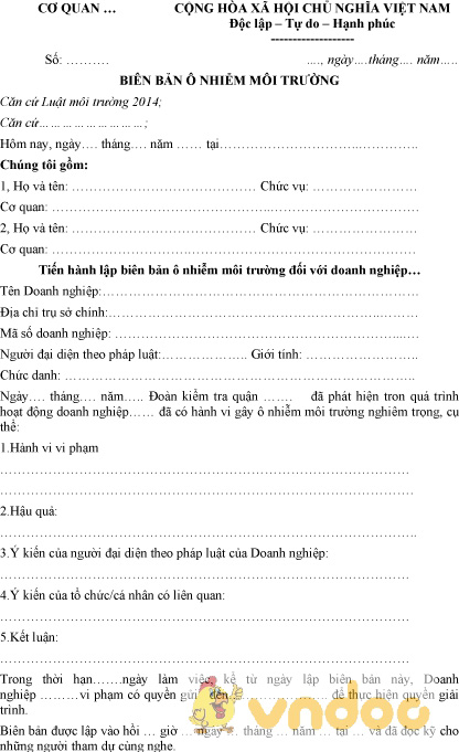 Mẫu biên bản ô nhiễm môi trường