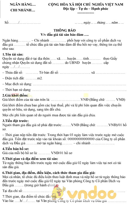 Mẫu thông báo đấu giá tài sản bảo đảm