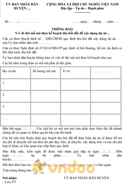 Mẫu thông báo di dời mồ mả theo kế hoạch