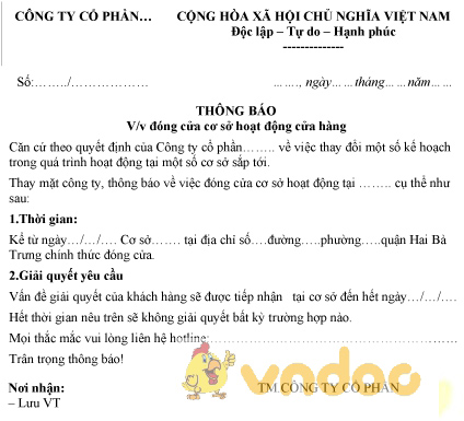Mẫu thông báo đóng cửa cơ sở hoạt động cửa hàng