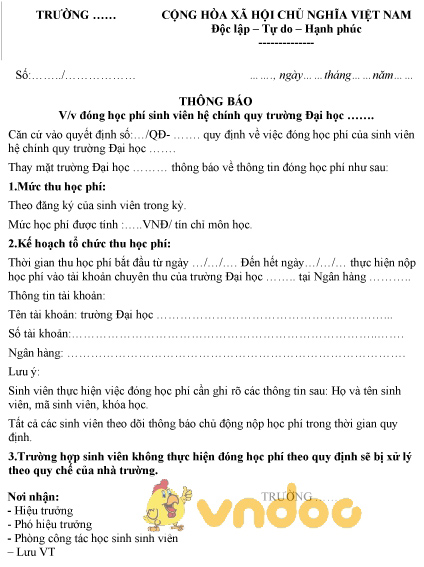 Mẫu thông báo đóng học phí sinh viên hệ chính quy