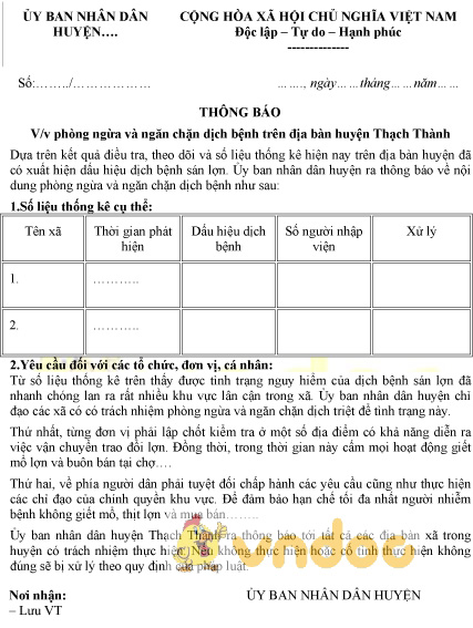 Mẫu thông báo phòng ngừa và ngăn chặn dịch bệnh trên địa bàn