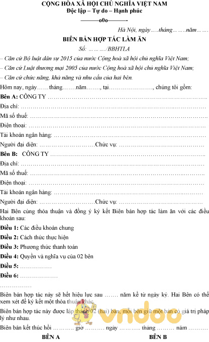 Mẫu biên bản hợp tác làm ăn