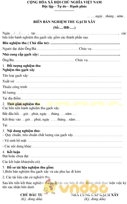 Mẫu biên bản nghiệm thu gạch xây