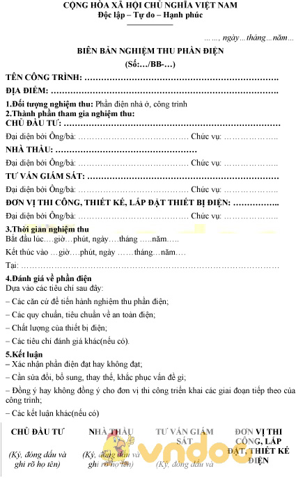 Mẫu biên bản nghiệm thu phần điện