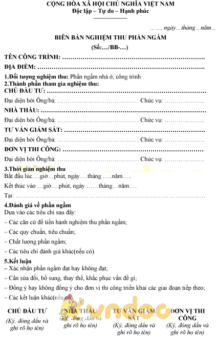 Mẫu biên bản nghiệm thu phần ngầm
