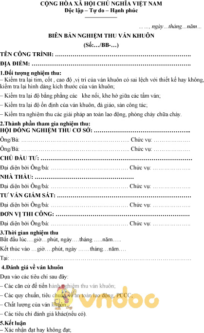 Mẫu biên bản nghiệm thu ván khuôn