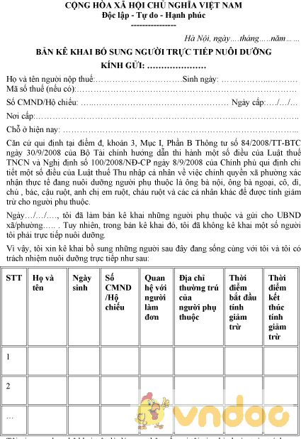 Mẫu kê khai bổ sung người phụ thuộc