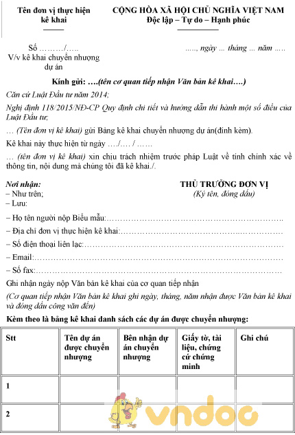 Mẫu kê khai chuyển nhượng dự án