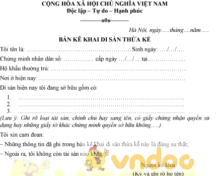Mẫu kê khai di sản thừa kế