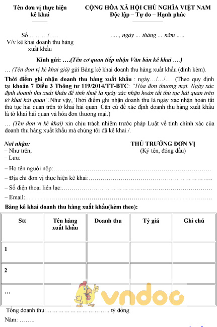 Mẫu kê khai doanh thu hàng xuất khẩu