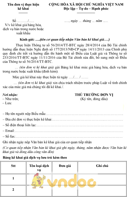 Mẫu kê khai giá dịch vụ lưu trú