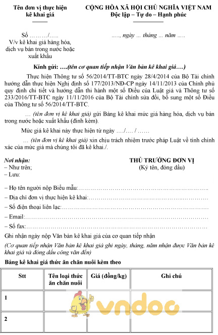 Mẫu kê khai giá thức ăn chăn nuôi