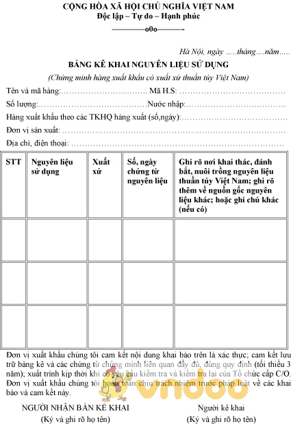 Mẫu kê khai nguyên liệu sử dụng