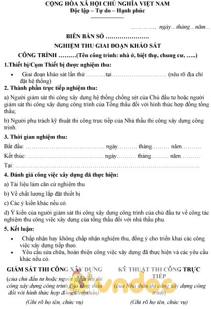Mẫu biên bản nghiệm thu giai đoạn khảo sát