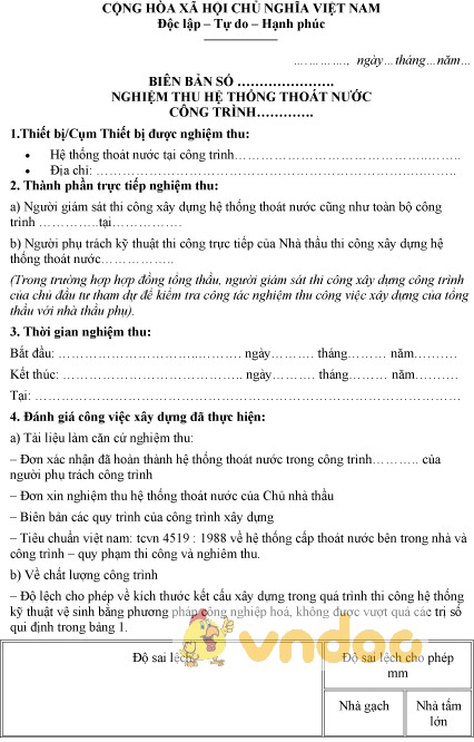 Mẫu biên bản nghiệm thu hệ thống thoát nước