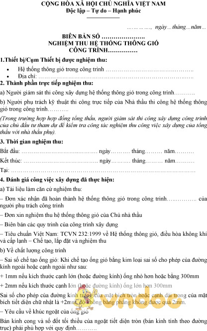 Mẫu biên bản nghiệm thu hệ thống thông gió