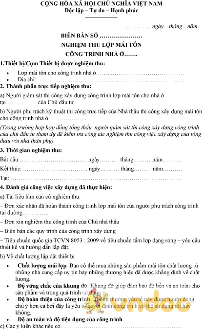 Mẫu biên bản nghiệm thu lợp mái tôn