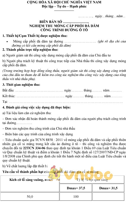 Mẫu biên bản nghiệm thu móng cấp phối đá dăm